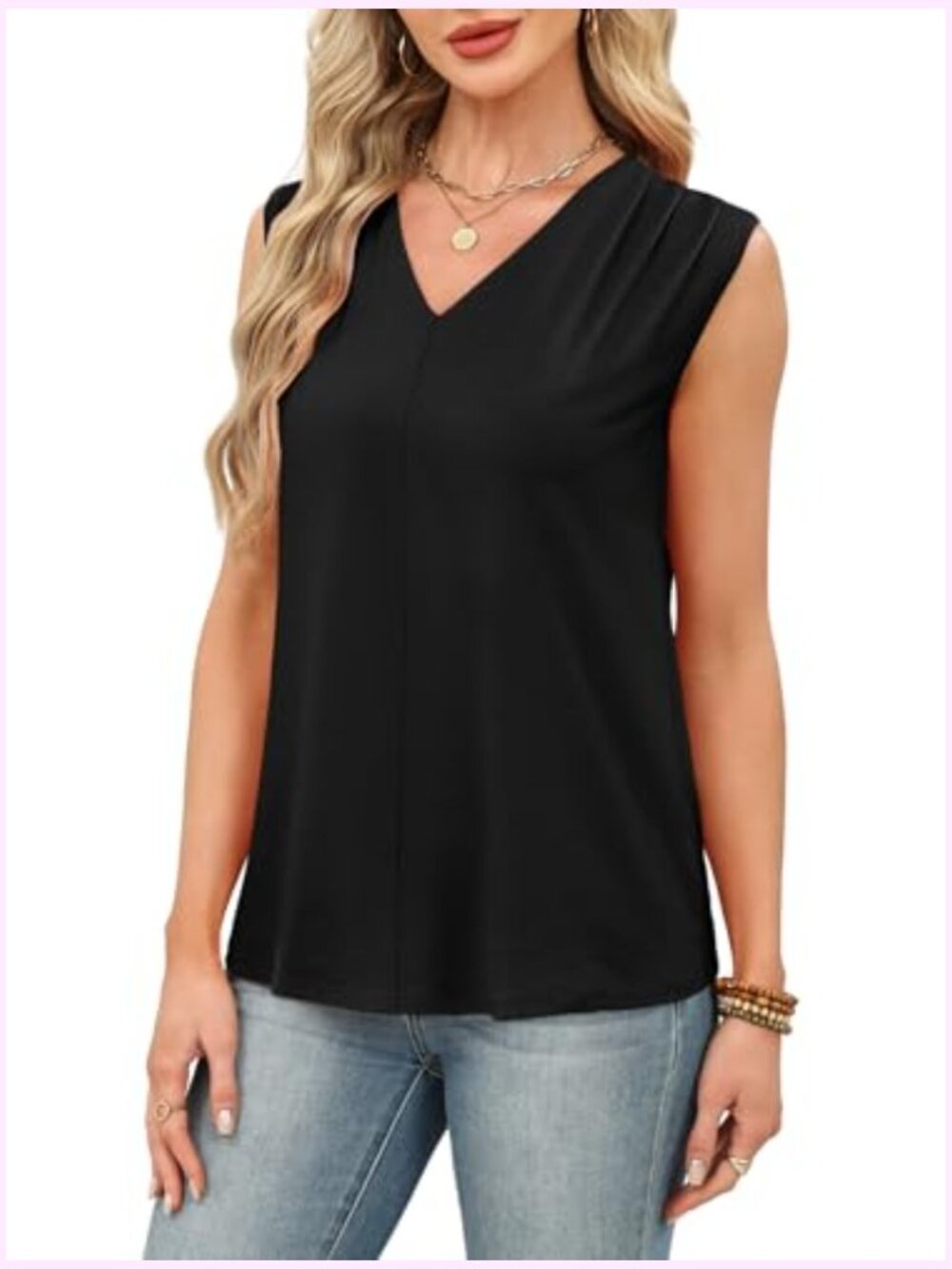 Loose Fit Pleated V Neck Sleeveless Blouse Tank Top - Picture 4 of 6